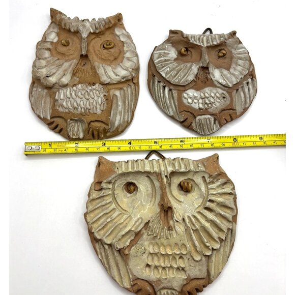 3 Handmade Art Pottery Owl Wall Hangings Rustic Textures Natural Tones Signed - Picture 10 of 10